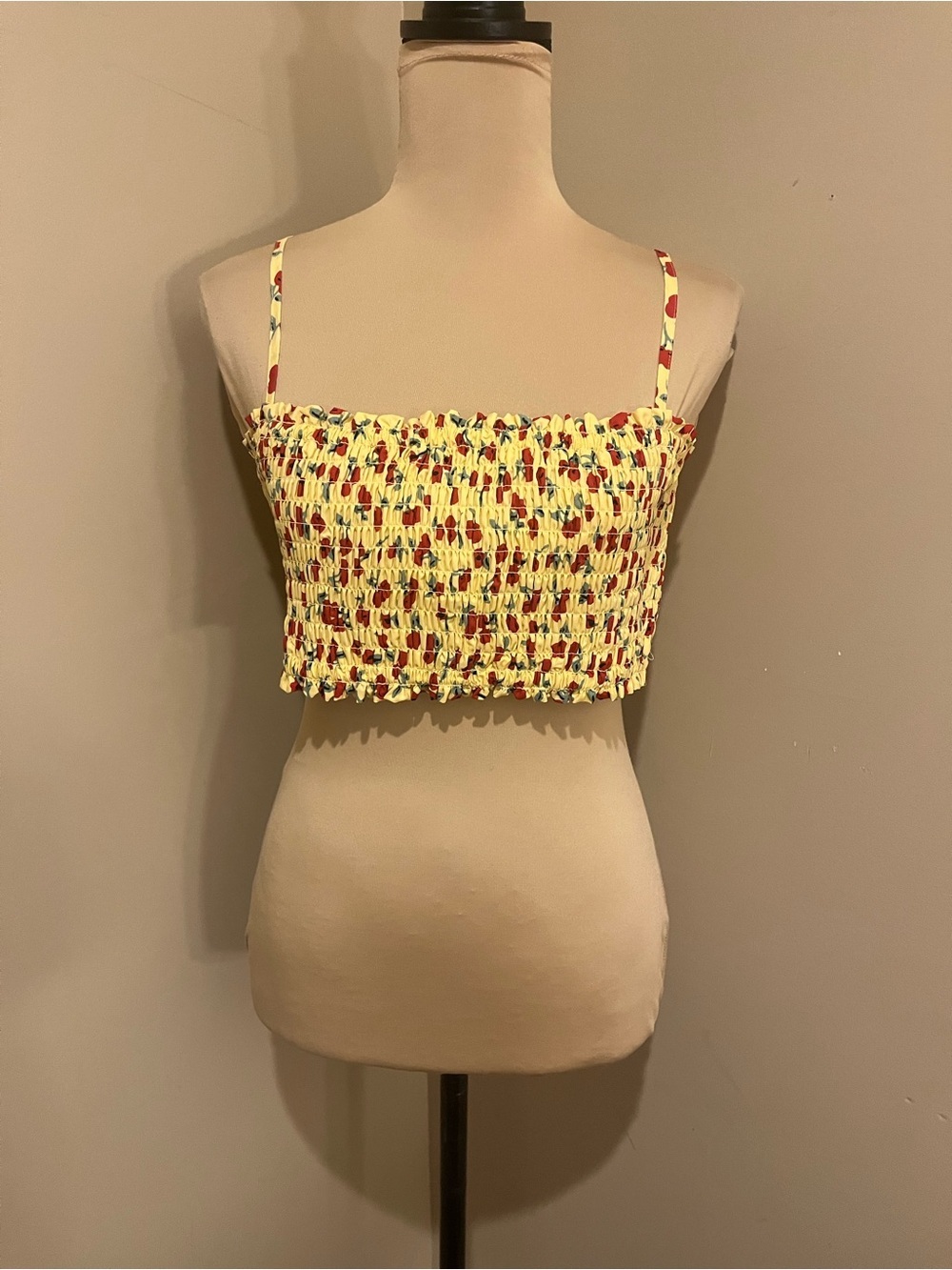 Kimchi Blue Yellow Smocked Crop Top Skinny Straps with Red Print, size Small